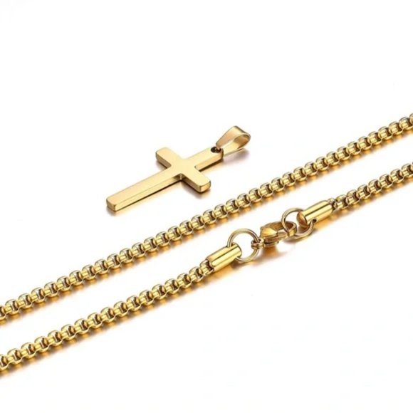 14k Yellow Gold Cross Pendant Box Chain Necklace 22” - Picture 4 of 6